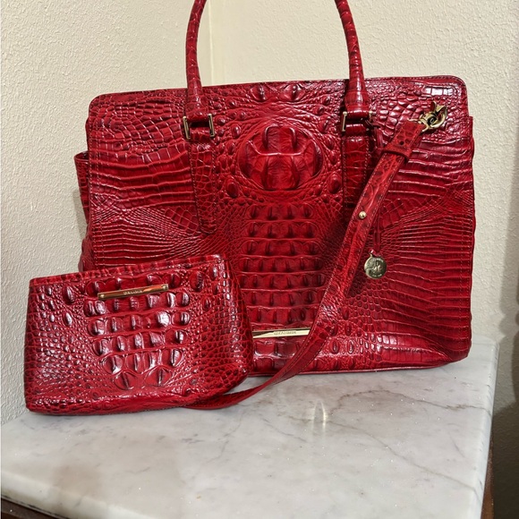 Large Brahmin Crimson Croc-Embossed Satchel and Pouch